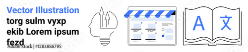 Lightbulb with upward arrows symbolizes innovation next to an online storefront interface and an open book with language translation symbols. Ideal for e-commerce, innovation, technology, education