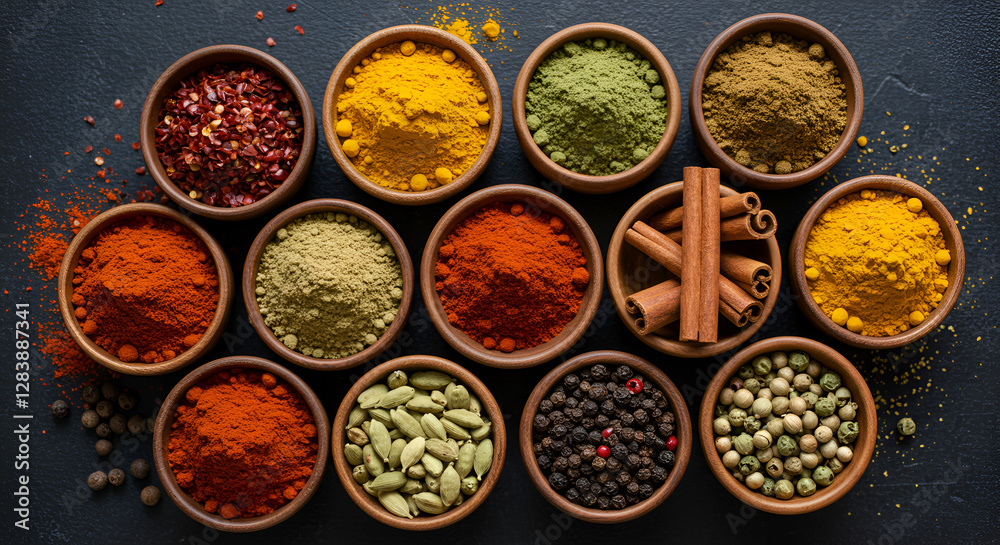 spices and herbs, A beautifully arranged top-down shot of various spices placed in small rustic ceramic or wooden cups on a dark, textured surface. spices and herbs, A beautifully arranged top-down shot of various spices placed in small rustic ceramic or wooden cups on a dark, textured surface.