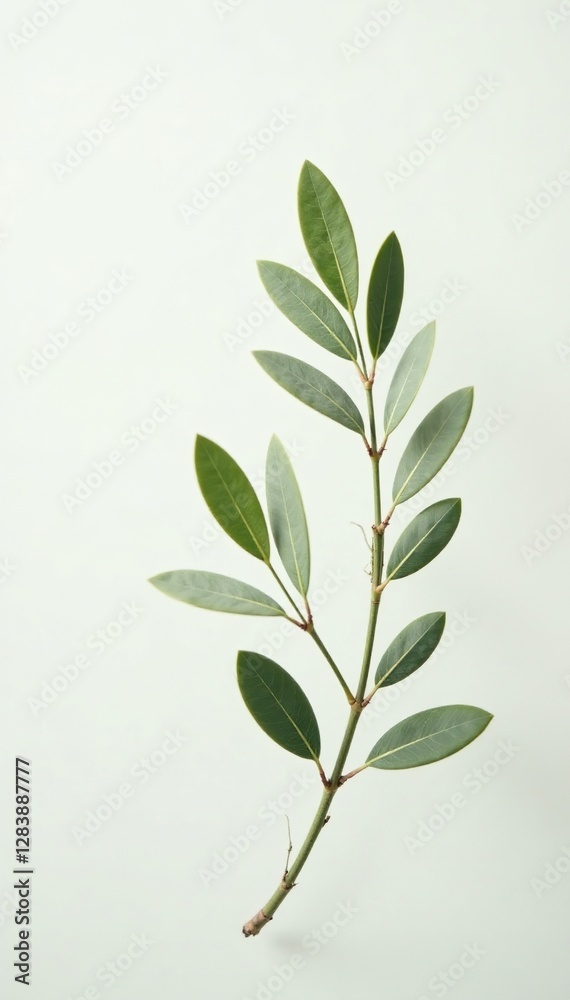 Fototapeta premium A delicate olive branch with tiny leaves against a soft white background, botanical, delicate, stem