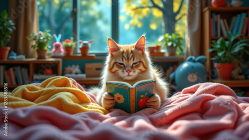 A whimsical illustration of a cozy bedroom scene with a cat engrossed in reading a book.