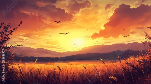 A Golden Sunset Over a Field and Mountains at Dusk