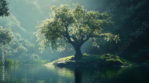 A Tree Growing On An Island In The Calm Lake Water