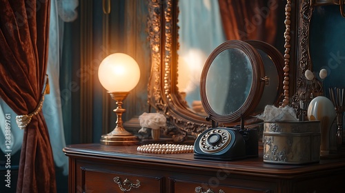A vintage dressing room from the golden age of Hollywood, lined with plush velvet curtains, an illuminated vanity mirror, delicate pearl necklaces,