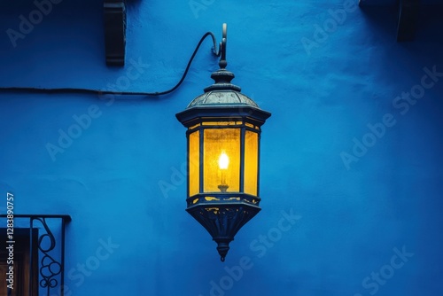 An illuminated lantern hangs on a blue wall in sunlight