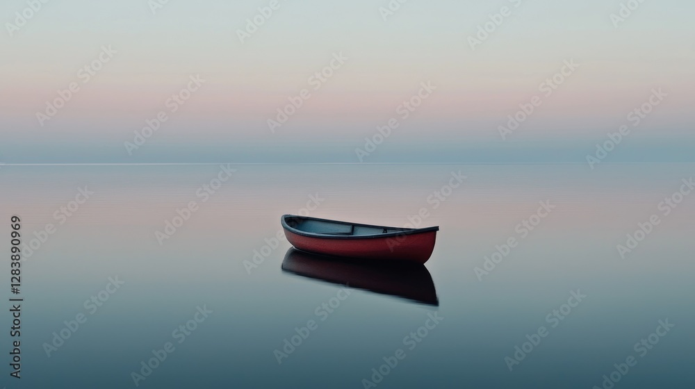 Calm Red Canoe on Serene Water at Dawn Calm Red Canoe on Serene Water at Dawn