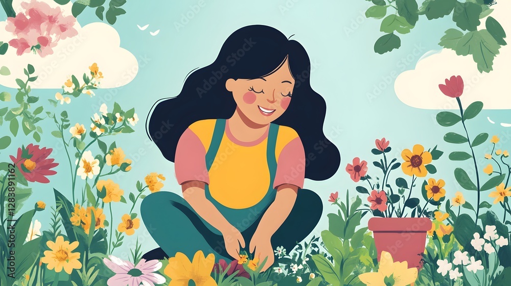 Girl tending vibrant garden, young girl with long hair crouching among colorful flowers, nature theme, bright and cheerful setting Girl tending vibrant garden, young girl with long hair crouching among colorful flowers, nature theme, bright and cheerful setting