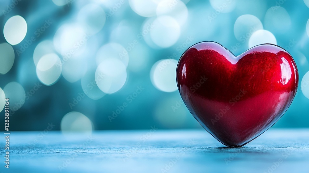 Glossy red heart resting on smooth surface with soft blue bokeh background creating romantic atmosphere Glossy red heart resting on smooth surface with soft blue bokeh background creating romantic atmosphere
