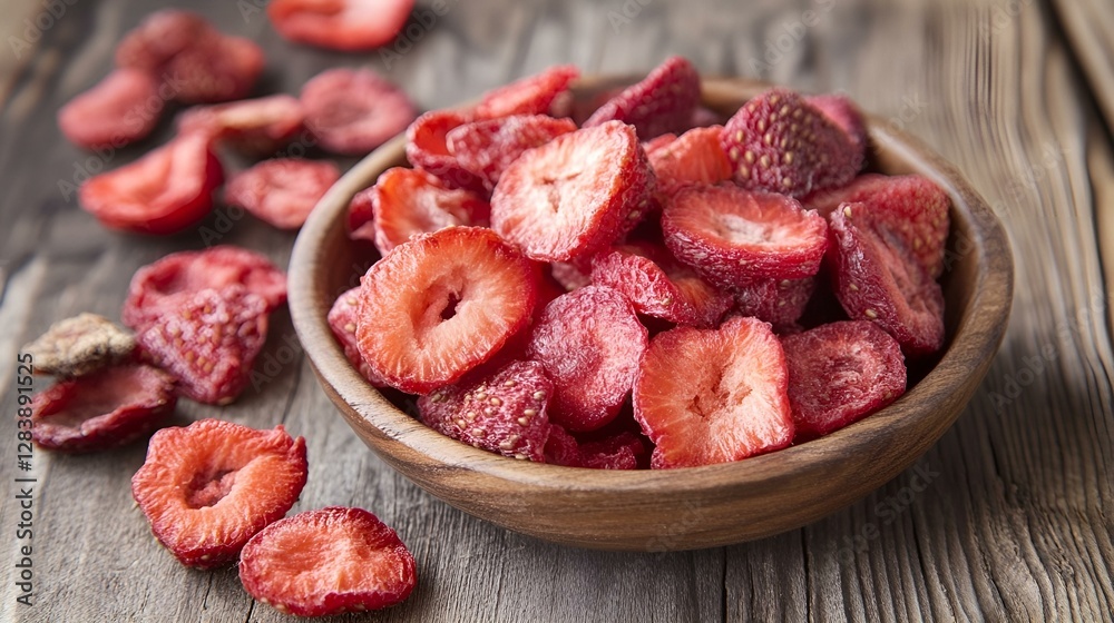 Wooden bowl filled with dried strawberries on rustic wooden table with scattered fruit slices Wooden bowl filled with dried strawberries on rustic wooden table with scattered fruit slices