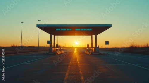 A toll booth on a long highway stretch at sunset. Featuring sparse traffic and warm golden light