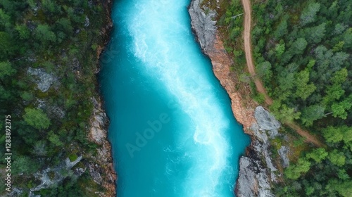 Aerial View of Turquoise River Flowing Through Lush Green Forest