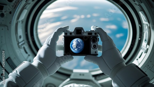 Fototapeta Naklejka Na Ścianę i Meble -  hand, photography, photograph, astronaut, view from outer space, photograph of earth from outer space, photograph by astronaut, space station, photograph from space station, space station photo