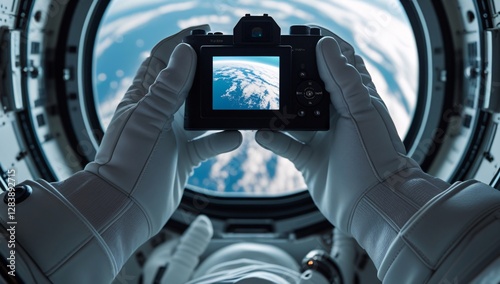 Fototapeta Naklejka Na Ścianę i Meble -  hand, photography, photograph, astronaut, view from outer space, photograph of earth from outer space, photograph by astronaut, space station, photograph from space station, space station photo