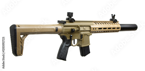 Wallpaper Mural Modern AR-style carbine airsoft replica with a tan and black color scheme, collapsible stock, rail system for accessories, and a mock suppressor, isolated on a white background. Torontodigital.ca