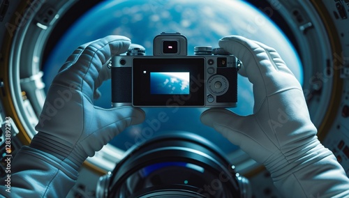 Fototapeta Naklejka Na Ścianę i Meble -  hand, photography, photograph, astronaut, view from outer space, photograph of earth from outer space, photograph by astronaut, space station, photograph from space station, space station photo