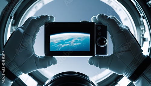 Fototapeta Naklejka Na Ścianę i Meble -  hand, photography, photograph, astronaut, view from outer space, photograph of earth from outer space, photograph by astronaut, space station, photograph from space station, space station photo