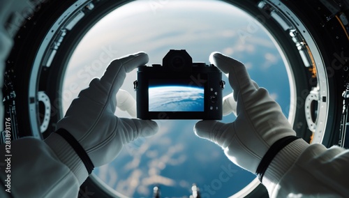 Fototapeta Naklejka Na Ścianę i Meble -  hand, photography, photograph, astronaut, view from outer space, photograph of earth from outer space, photograph by astronaut, space station, photograph from space station, space station photo