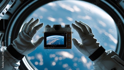 Fototapeta Naklejka Na Ścianę i Meble -  hand, photography, photograph, astronaut, view from outer space, photograph of earth from outer space, photograph by astronaut, space station, photograph from space station, space station photo