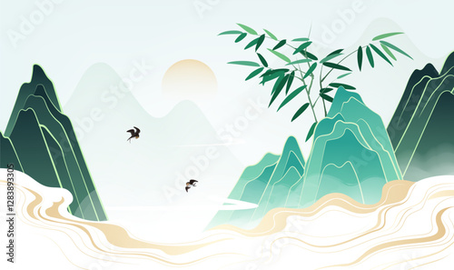 Chinese style banner illustration design There is a bamboo on the mountain surrounded by clouds