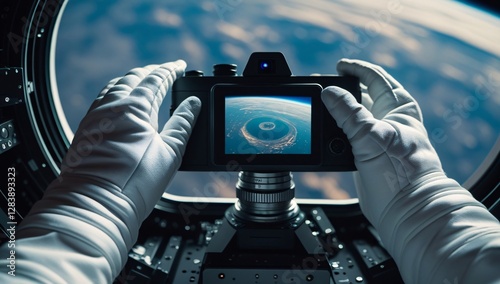 Fototapeta Naklejka Na Ścianę i Meble -  hand, photography, photograph, astronaut, view from outer space, photograph of earth from outer space, photograph by astronaut, space station, photograph from space station, space station photo