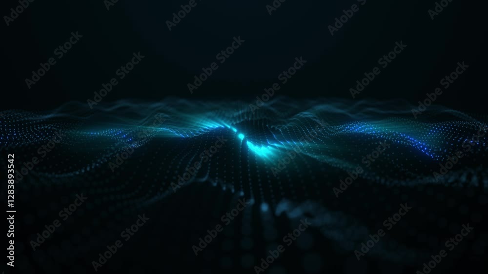 Abstract blue wave particle over dark background, digital technology. Light abstract background with shining dots