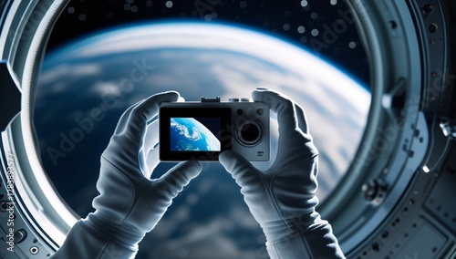 Fototapeta Naklejka Na Ścianę i Meble -  hand, photography, photograph, astronaut, view from outer space, photograph of earth from outer space, photograph by astronaut, space station, photograph from space station, space station photo