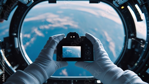 Fototapeta Naklejka Na Ścianę i Meble -  hand, photography, photograph, astronaut, view from outer space, photograph of earth from outer space, photograph by astronaut, space station, photograph from space station, space station photo