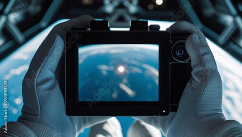 Fototapeta Naklejka Na Ścianę i Meble -  hand, photography, photograph, astronaut, view from outer space, photograph of earth from outer space, photograph by astronaut, space station, photograph from space station, space station photo