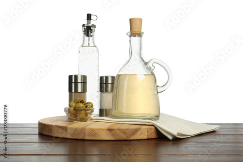 Wallpaper Mural Salad dressings, olives and spices on wooden table against white background Torontodigital.ca