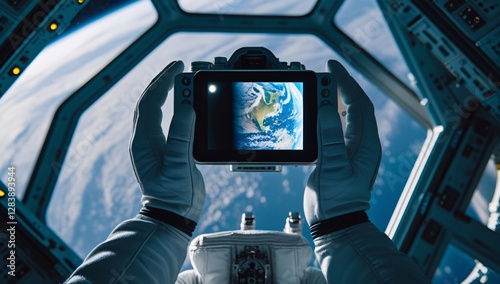 Fototapeta Naklejka Na Ścianę i Meble -  hand, photography, photograph, astronaut, view from outer space, photograph of earth from outer space, photograph by astronaut, space station, photograph from space station, space station photo