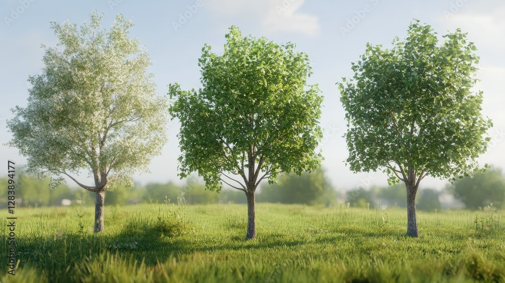 Obraz premium Three trees in sunlit meadow with lush green grass and clear blue sky