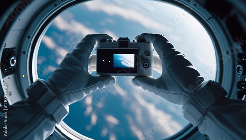 Fototapeta Naklejka Na Ścianę i Meble -  hand, photography, photograph, astronaut, view from outer space, photograph of earth from outer space, photograph by astronaut, space station, photograph from space station, space station photo