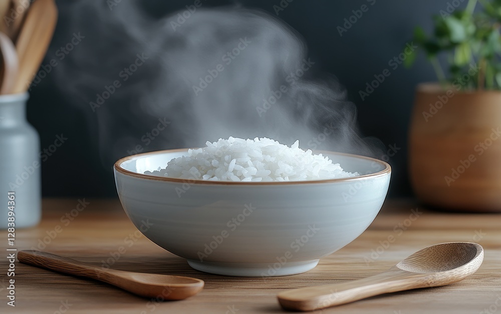 Steaming rice bowl, kitchen table, wooden spoons, healthy food