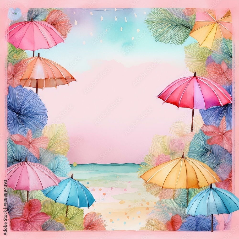 Obraz premium colorful beach umbrella border frame background with copy space