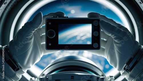 Fototapeta Naklejka Na Ścianę i Meble -  hand, photography, photograph, astronaut, view from outer space, photograph of earth from outer space, photograph by astronaut, space station, photograph from space station, space station photo