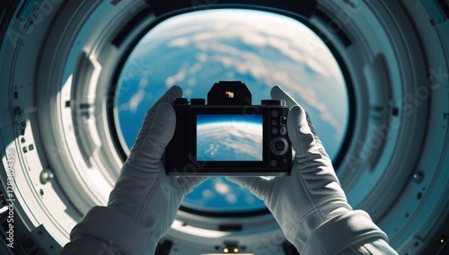 Fototapeta Naklejka Na Ścianę i Meble -  hand, photography, photograph, astronaut, view from outer space, photograph of earth from outer space, photograph by astronaut, space station, photograph from space station, space station photo
