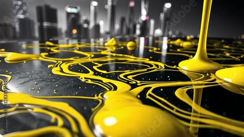 Yellow paint splashes on reflective surface with city skyline background