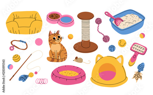 Cat accessories and toys flat vector set. Cartoon pet store assortment collection. Doodle cat supplies collection.