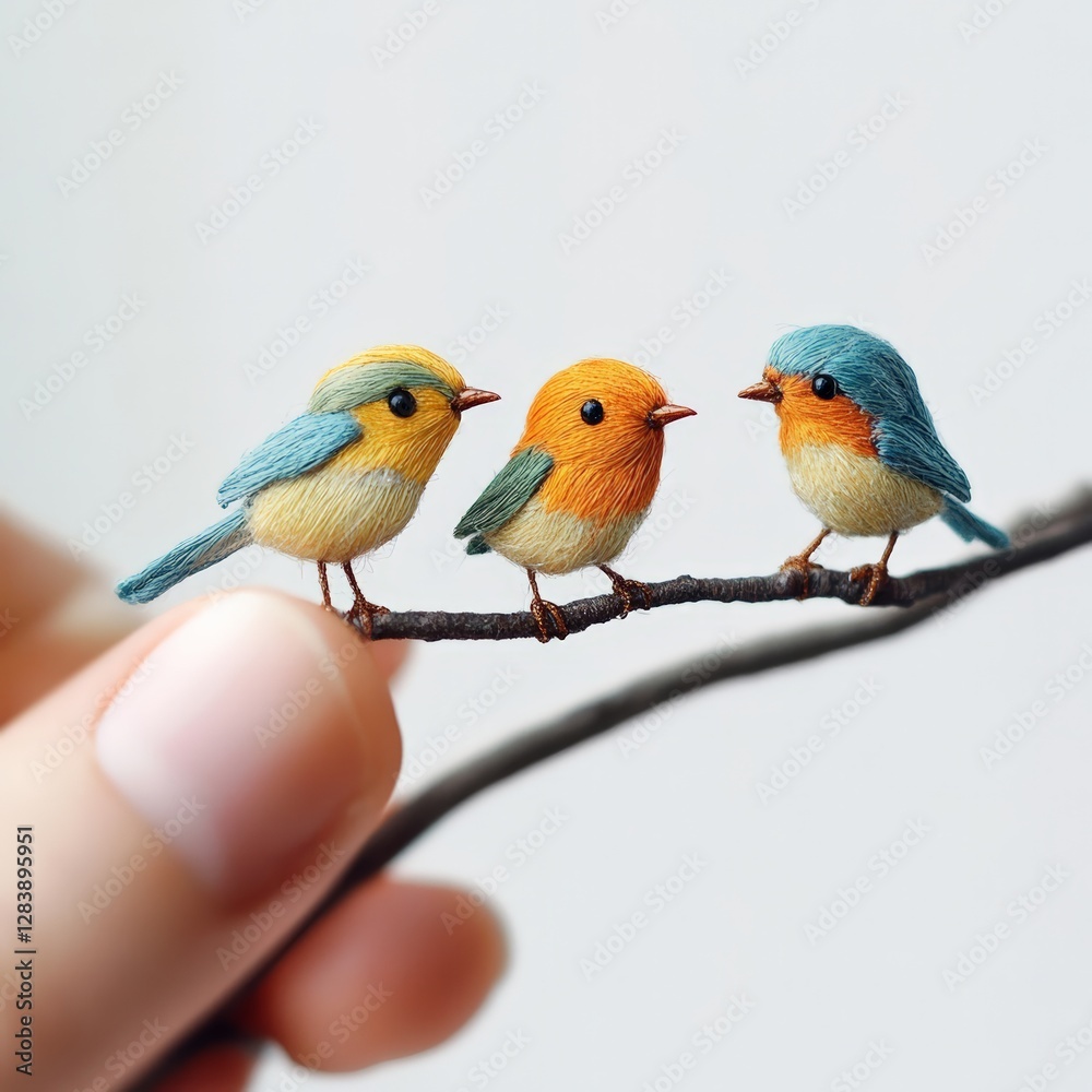 Colorful miniature birds on a branch creative crafting indoor studio artistic close-up nature inspired