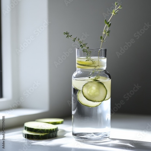Obraz na płótnie Refreshing cucumber water home kitchen beverage photo minimalistic setting close-up view health concept w salonie