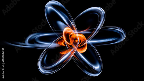 Glowing abstract energy swirl with bright orange and blue light trails forming dynamic motion on dark background, creating a futuristic and powerful visual of motion, science, and innovation.