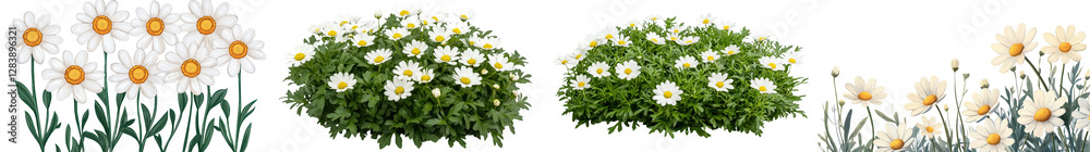 Fototapeta premium Stunning field of thriving blooming white daisies surrounded by lush verdant foliage creating a calming peaceful and serene natural background The delicate daisy flowers provide a soft