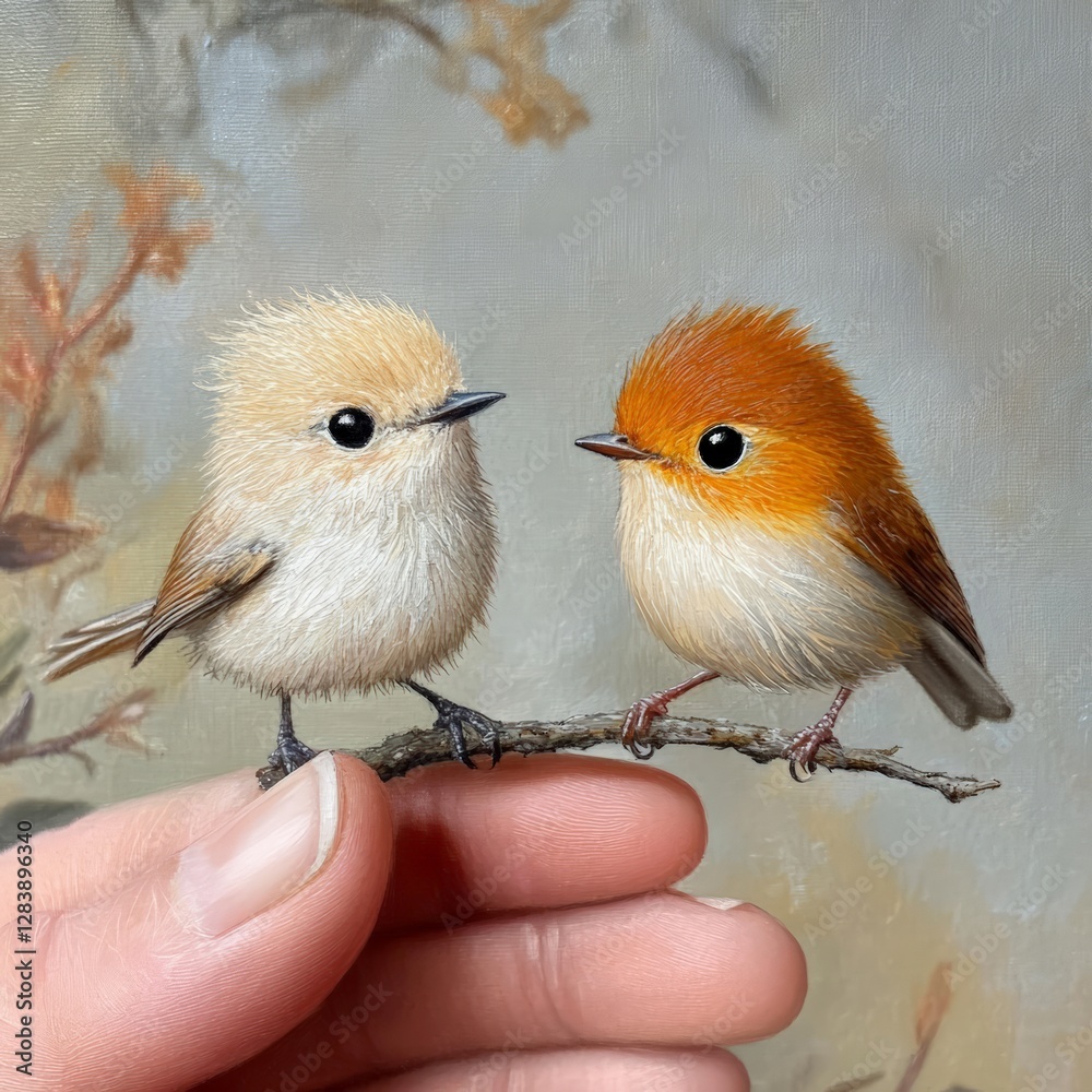 Delicate encounter two charming birds on a hand nature art serene background close-up view whimsical concept