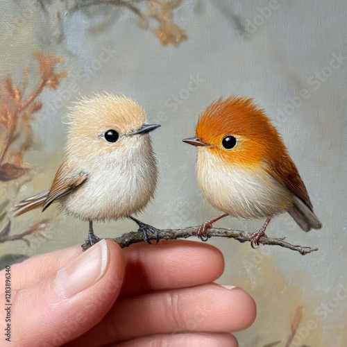 Obraz na płótnie Delicate encounter two charming birds on a hand nature art serene background close-up view whimsical concept w salonie