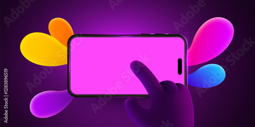 Cute 3D cartoon hand touch mobile smart phone. Phone mockup. Color explosion. Touching screen with finger.
