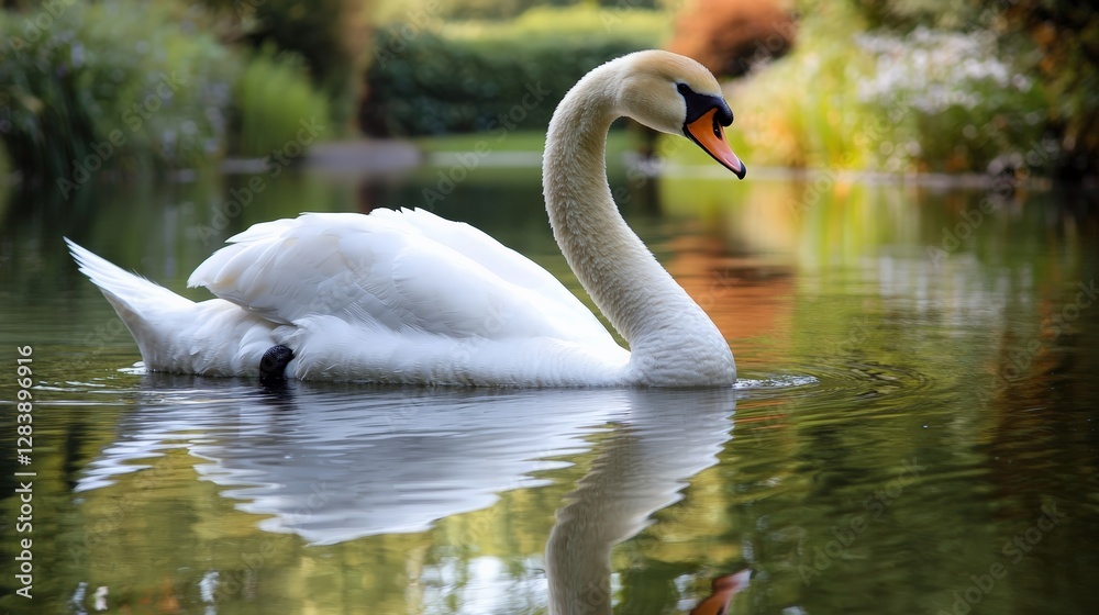 Elegant swan swimming gracefully in tranquil pond nature scene outdoor environment close-up view for serene vibes