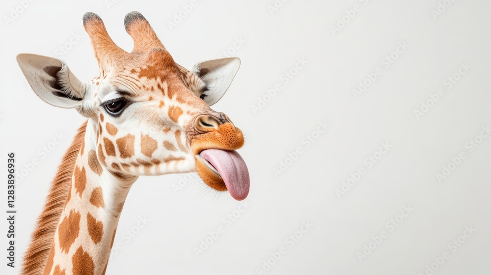 Obraz premium Giraffe Humor with Tongue Out on White Background