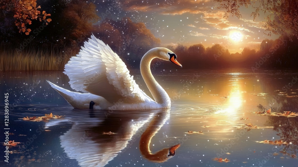 Swan gliding across serene lake at sunset nature scene peaceful environment reflective viewpoint beauty of wildlife