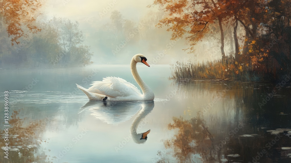 Graceful swan gliding across tranquil lake autumn landscape nature photography serene environment peaceful viewpoint