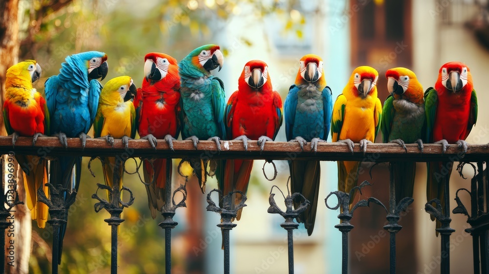 Colorful parrots gathering on a fence urban environment wildlife photography natural habitat vibrant display
