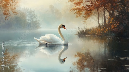 Obraz na płótnie Graceful swan gliding across tranquil lake autumn landscape nature photography serene environment peaceful viewpoint w salonie
